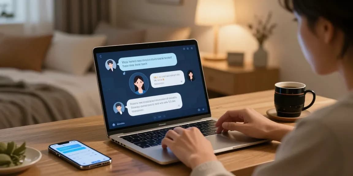 Engaging in NSFW chat with an AI on a laptop in a cozy bedroom setting, showcasing character dialogues and a warm atmosphere.