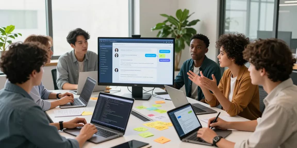 Team collaborating on AI chatbot software development in a modern office environment.