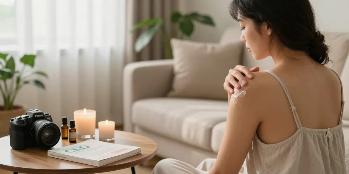 Applying natural cbd cream in a serene home environment with soothing elements.