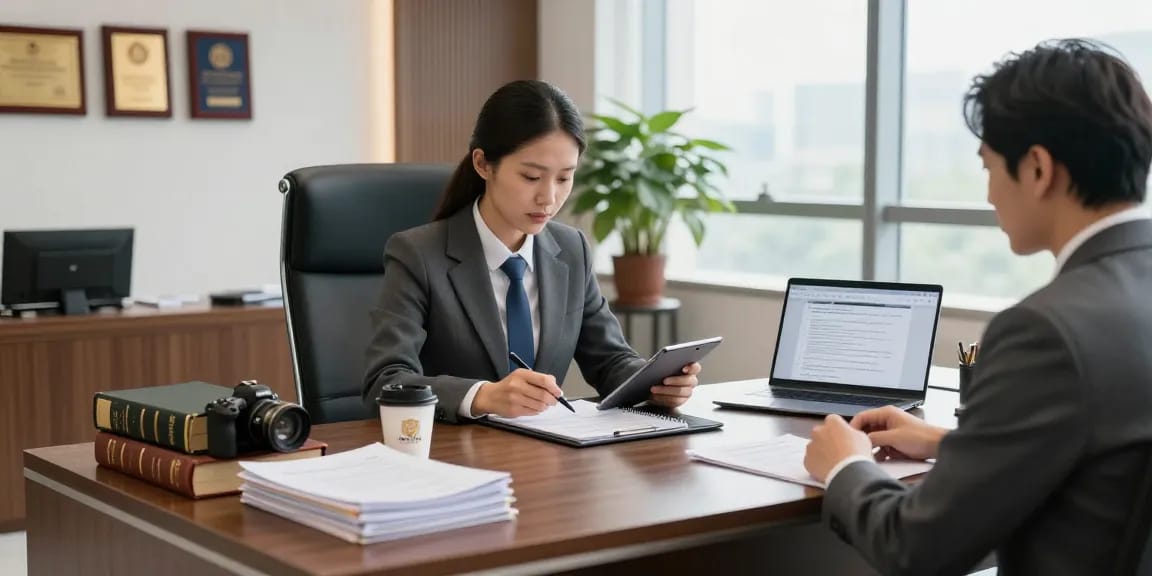 Lawyer reviewing case files while asking what do you think in a modern legal office.