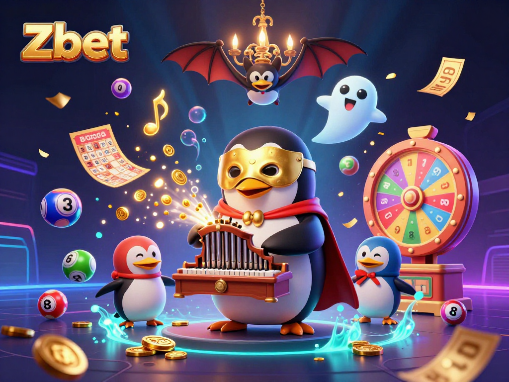 Zbet showcases an energetic casino scene with a penguin playing a golden organ, surrounded by lottery elements.