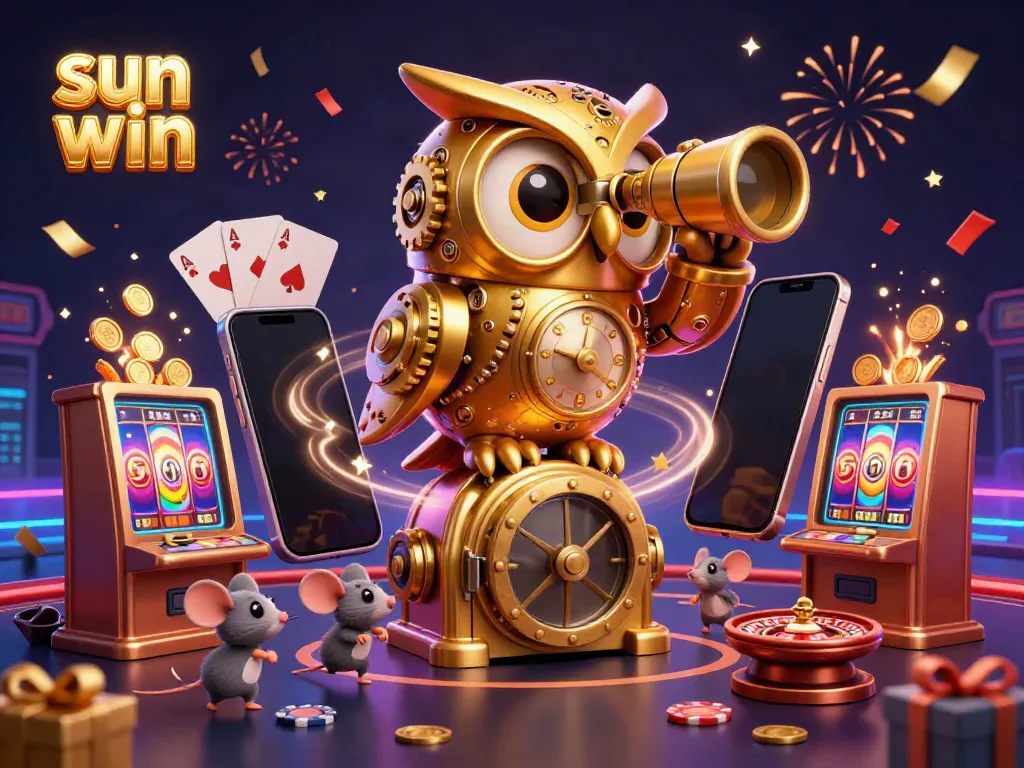 Engage in thrilling gameplay with Sun Win as the golden owl oversees colorful slot machines and dynamic gaming action.