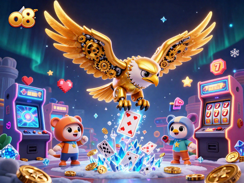 Experience thrilling gambling action with o8 as a cybernetic eagle navigates a vibrant casino world.
