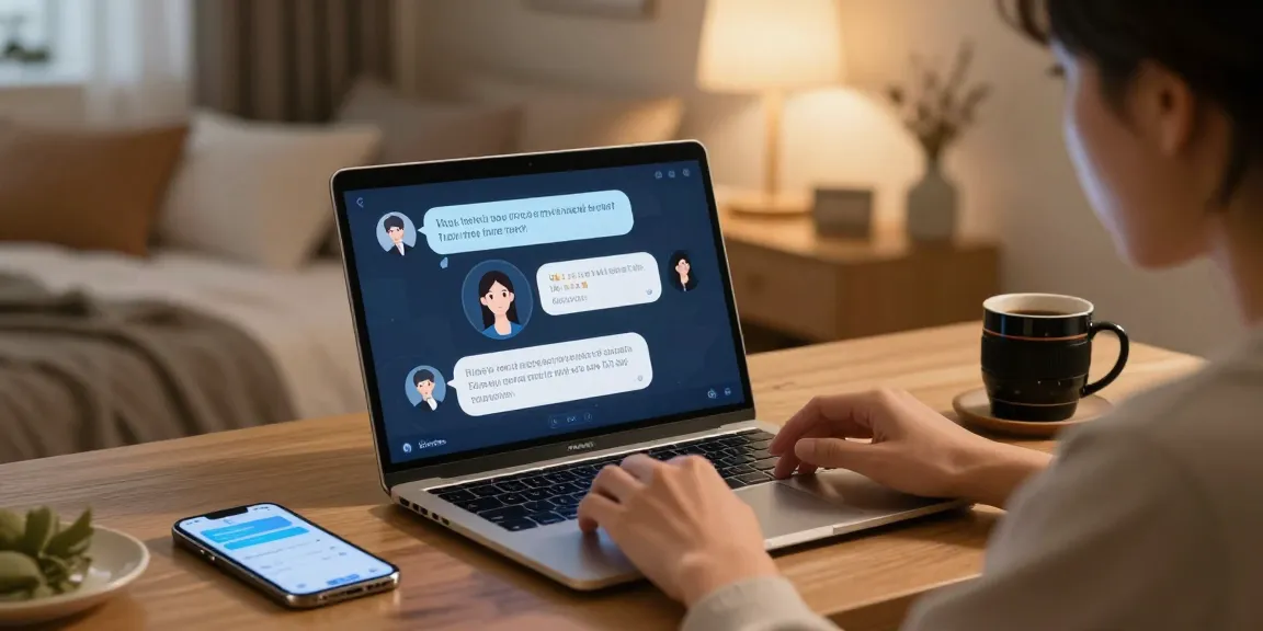 Engaging in NSFW chat with an AI on a laptop in a cozy bedroom setting, showcasing character dialogues and a warm atmosphere.