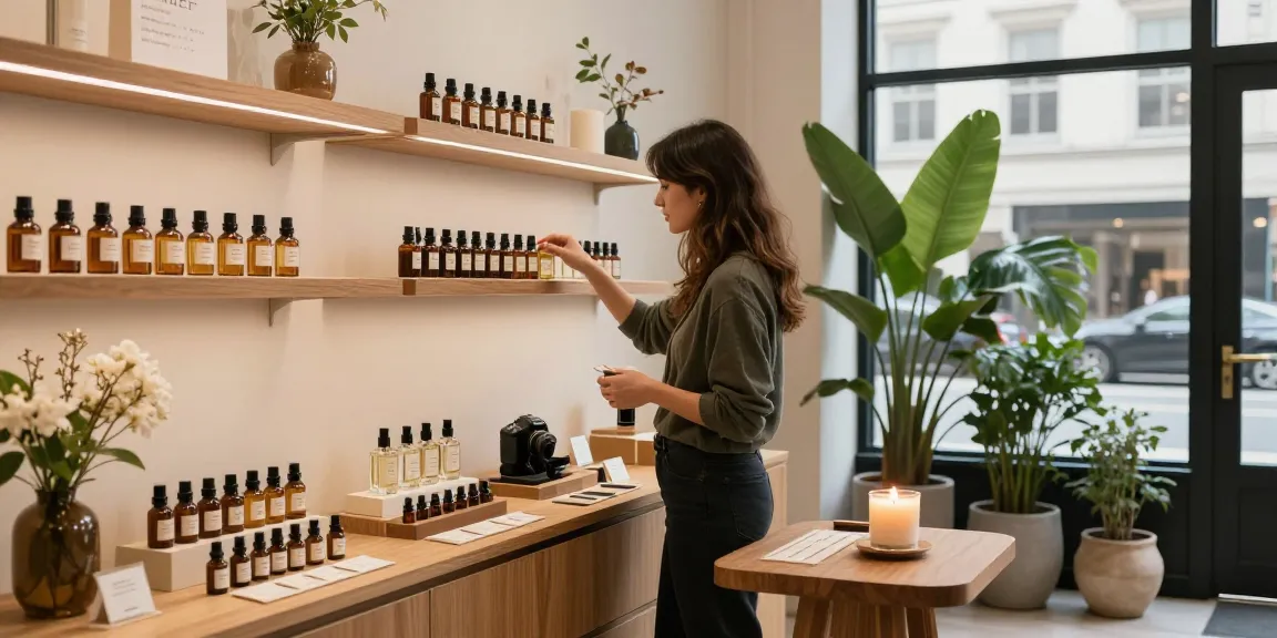 A woman discovering Natural Perfumes in an upscale boutique filled with essential oils and floral decor.
