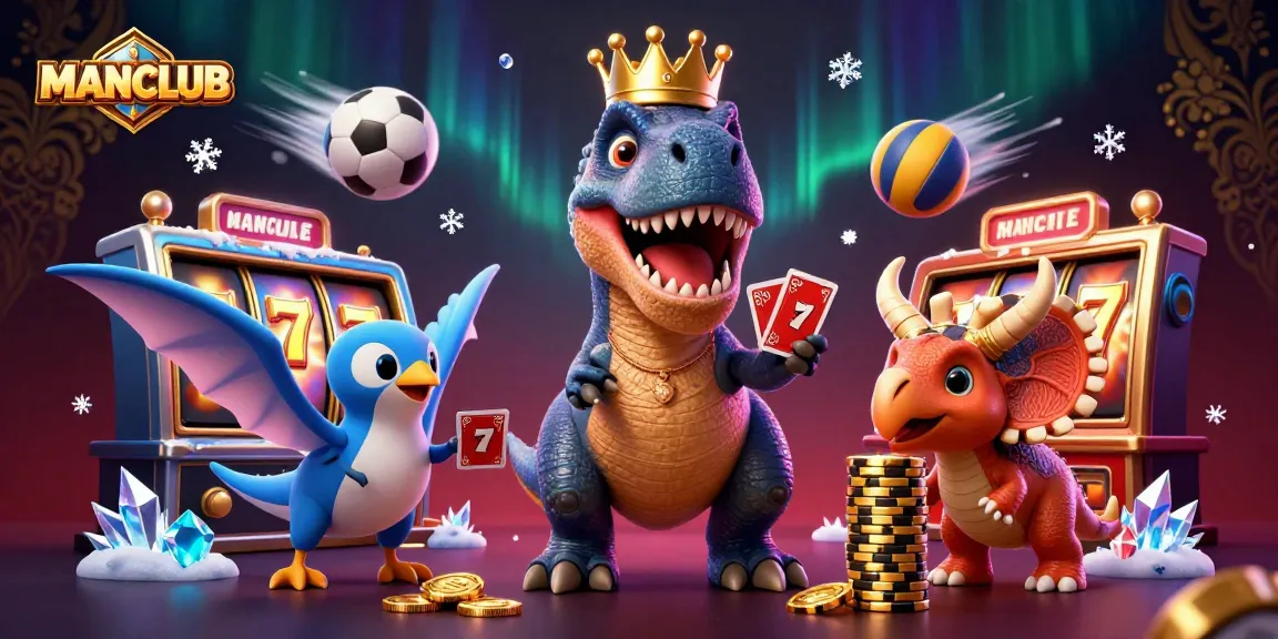 MANCLUB showcases an animated T-Rex playing casino games in a vibrant scene enhanced with sparkling elements.