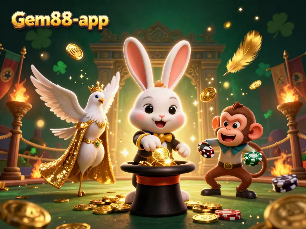 Engaging scene showcasing gem88-app with a magician rabbit, assistant dove, and monkey, surrounded by casino elements.