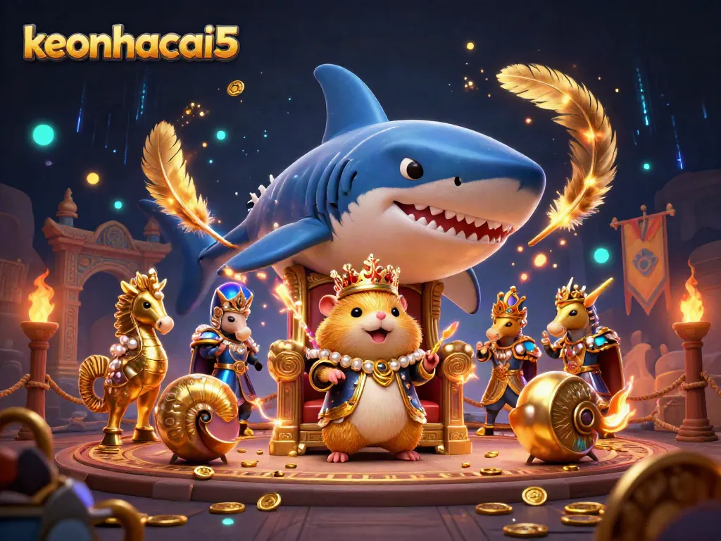 Explore the vibrant scene of keonhacai5 with a golden hamster king on a megalodon throne, surrounded by seahorse guards and betting elements.