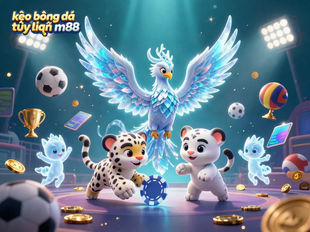 Engage with kèo bóng đá trực tuyến m88 through a captivating illustration of an ice phoenix, sports balls, and betting slips.
