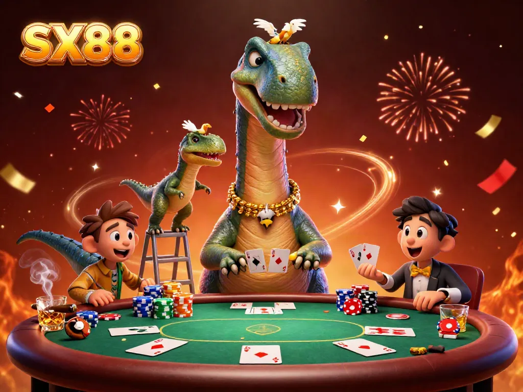 Engage with SX88’s thrilling gaming world with a playful casino scene featuring vibrant characters and rich visuals.