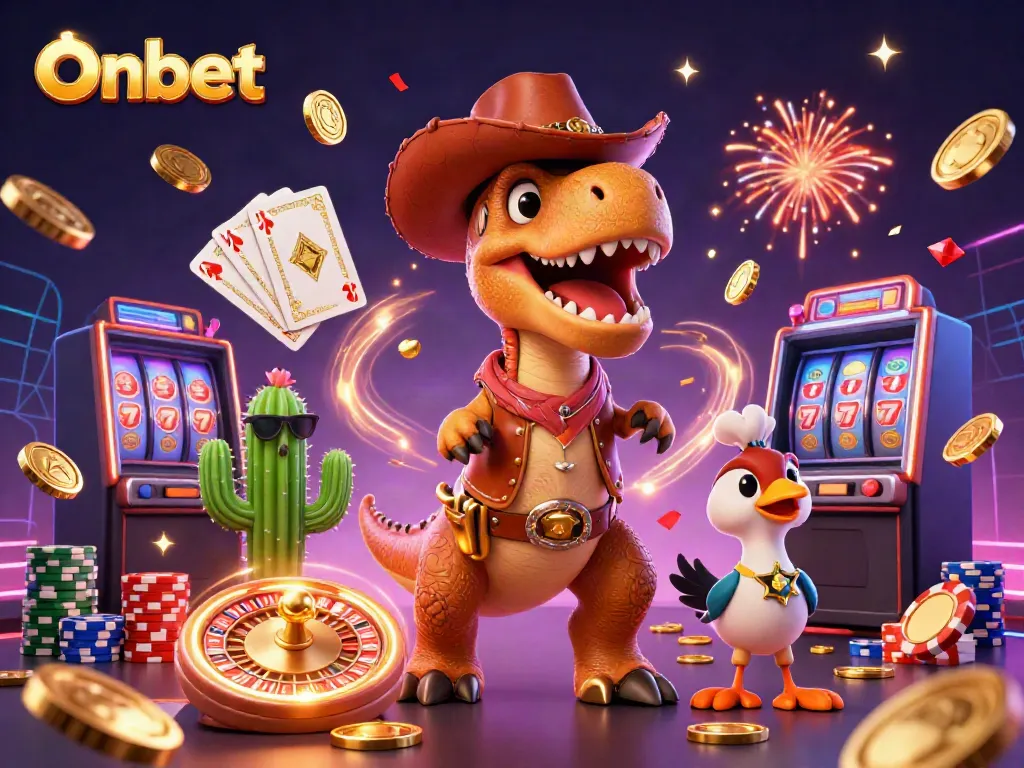 Experience thrilling wins at Onbet with a vibrant casino scene showcasing unique characters.