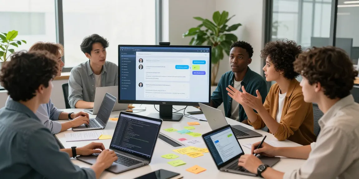 Team collaborating on AI chatbot software development in a modern office environment.
