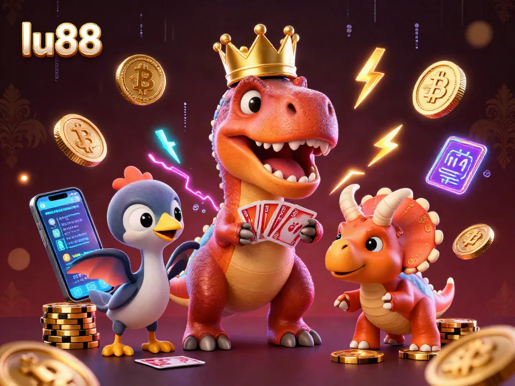 lu88 showcases a vibrant 3D illustration featuring a friendly T-Rex and companions in a dynamic casino scene.