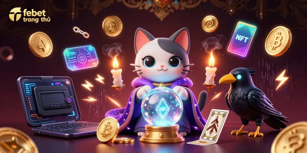 Experience the vibrant febet trang chủ with a mystical cat and raven in a casino setting.