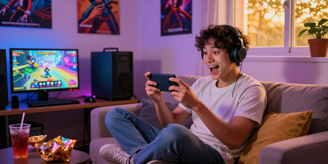 Engaging player enjoying transformation hentai games on mobile device in cozy gaming room atmosphere.