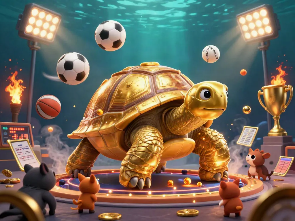 Engage with exciting keo nha cai action featuring a golden tortoise pinball machine amidst dynamic sports elements.
