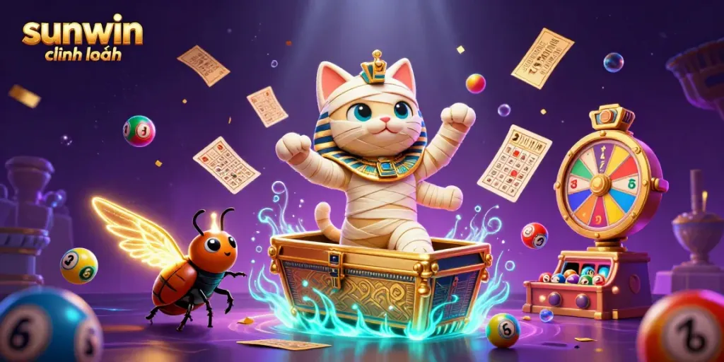 Experience the vibrant energy of sunwin chính hãng with an Egyptian mummy cat and dynamic casino elements.