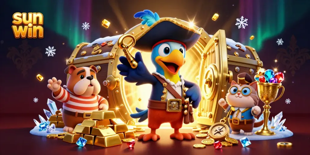 Join the sun win adventure with a cartoon pirate captain and crew surrounded by treasures and vibrant casino elements