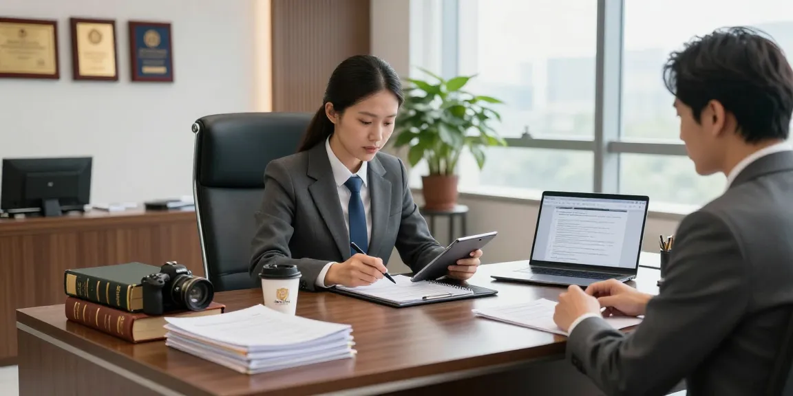 Lawyer reviewing case files while asking what do you think in a modern legal office.
