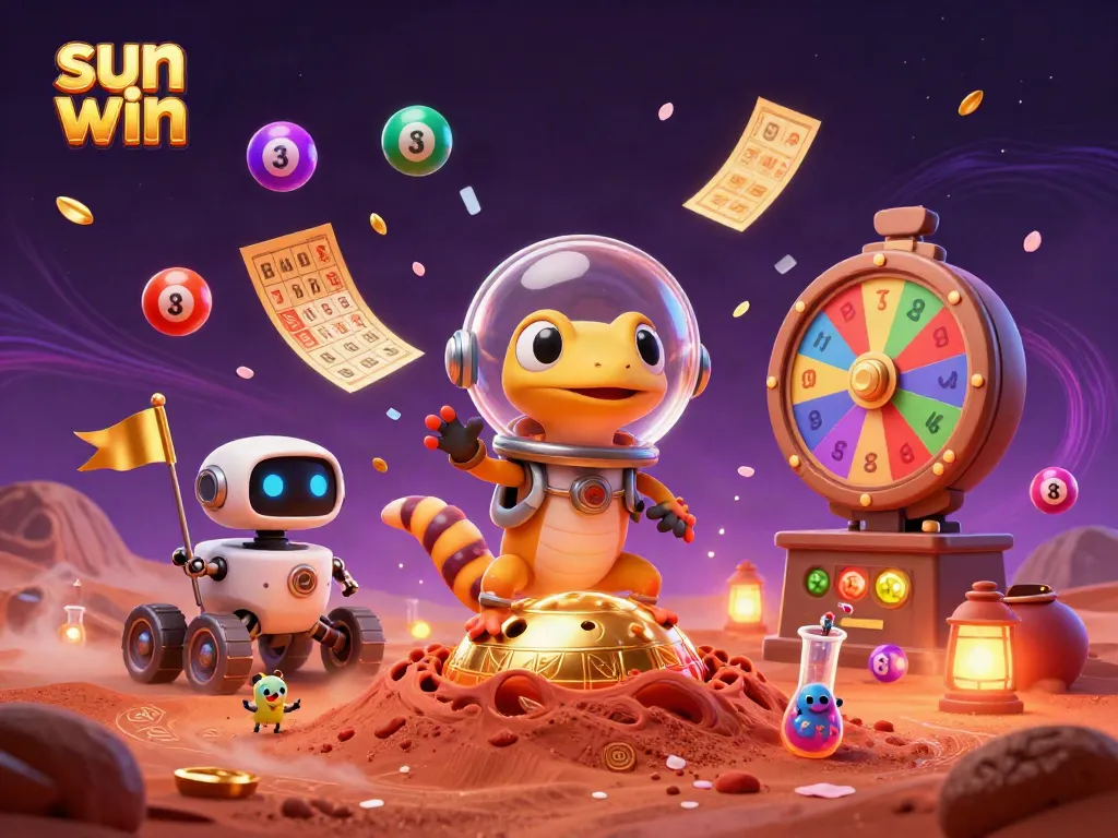 Experience the excitement of sun win with a Martian gecko and vibrant casino elements in a dynamic illustration.