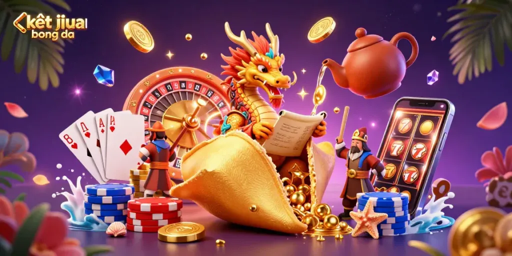 Bet on kết quả bóng đá with this vibrant and dynamic casino scene, featuring a fortune cookie and wise dragon.
