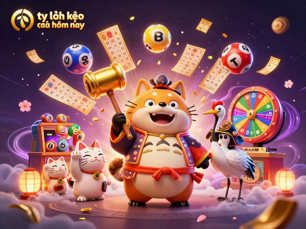 Engage with tỷ lệ kèo nhà cái hôm nay through this lively illustration of festive gambling characters amidst vibrant lottery and bingo elements.