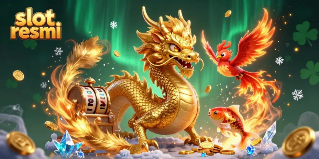 Experience thrilling action with slot resmi, featuring a dragon, phoenix, and koi fish amidst coins.