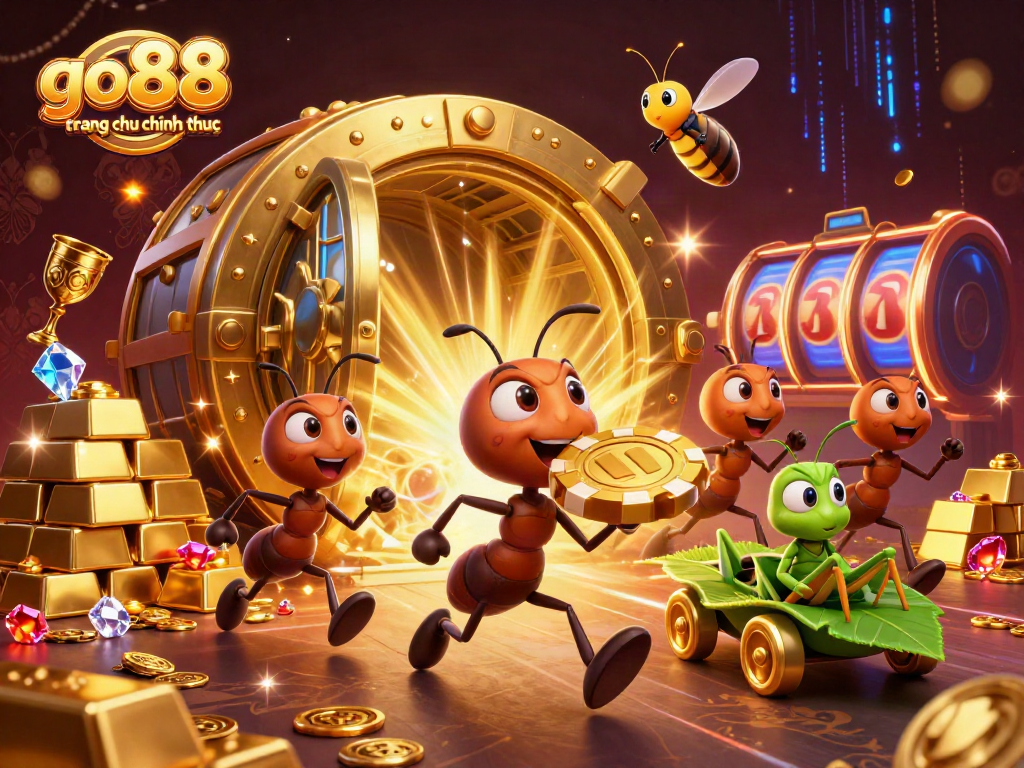 Experience the excitement of go88 trang chu chinh thuc with cartoon ants stealing a golden poker chip.