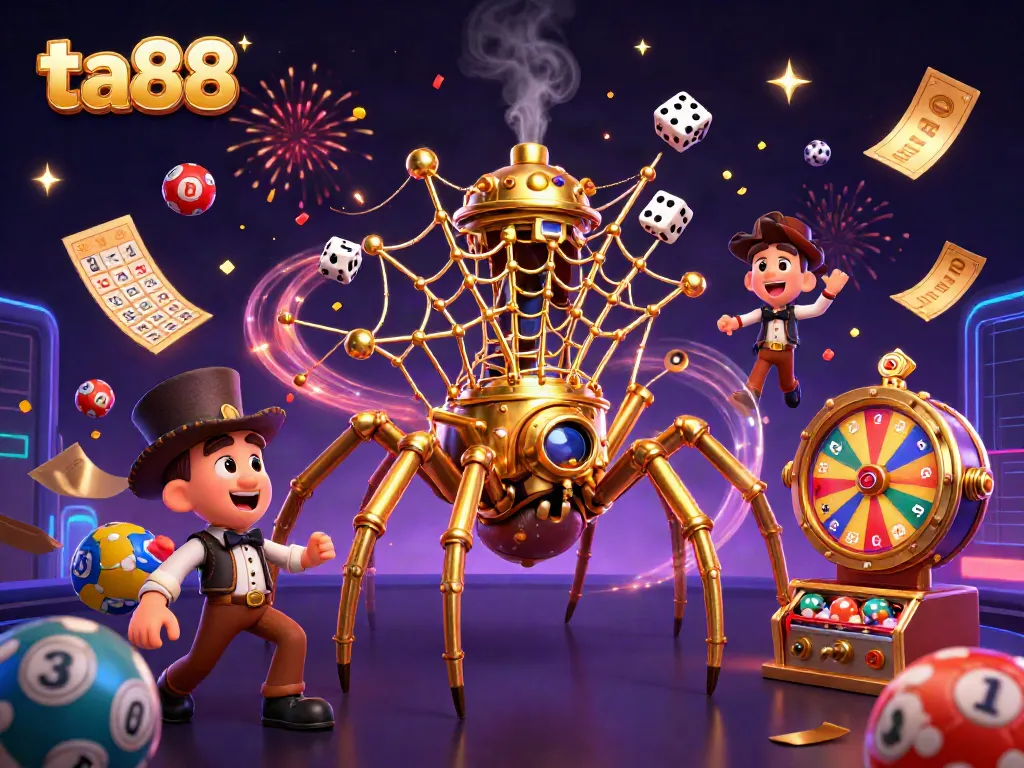 Spin to win at ta88 with golden spider webbing together colorful lottery elements in a vibrant casino scene.