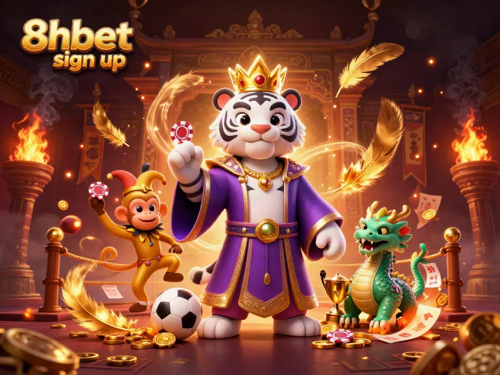 Get ready to 8xbet sign up with an illustrated scene featuring a royal tiger and lively monkey amidst vibrant betting elements.