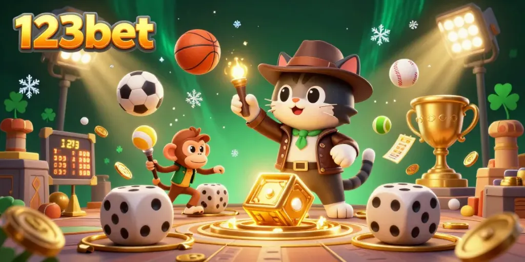 Experience thrilling gaming with 123bet as our explorer cat and monkey discover golden casino treasures.
