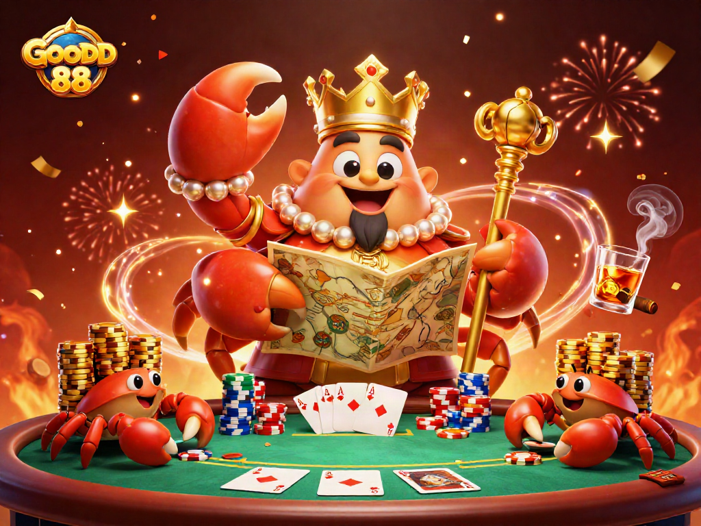 Engage in thrilling gameplay at GOOD88 with a majestic golden crab emperor and colorful poker chips.