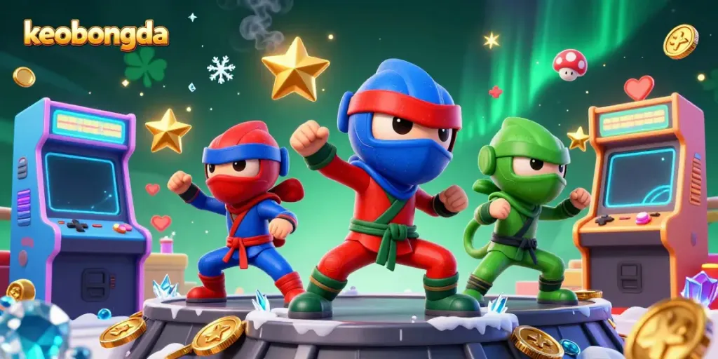 Experience thrilling action with keobongda's colorful chameleon ninjas amid vibrant casino elements.