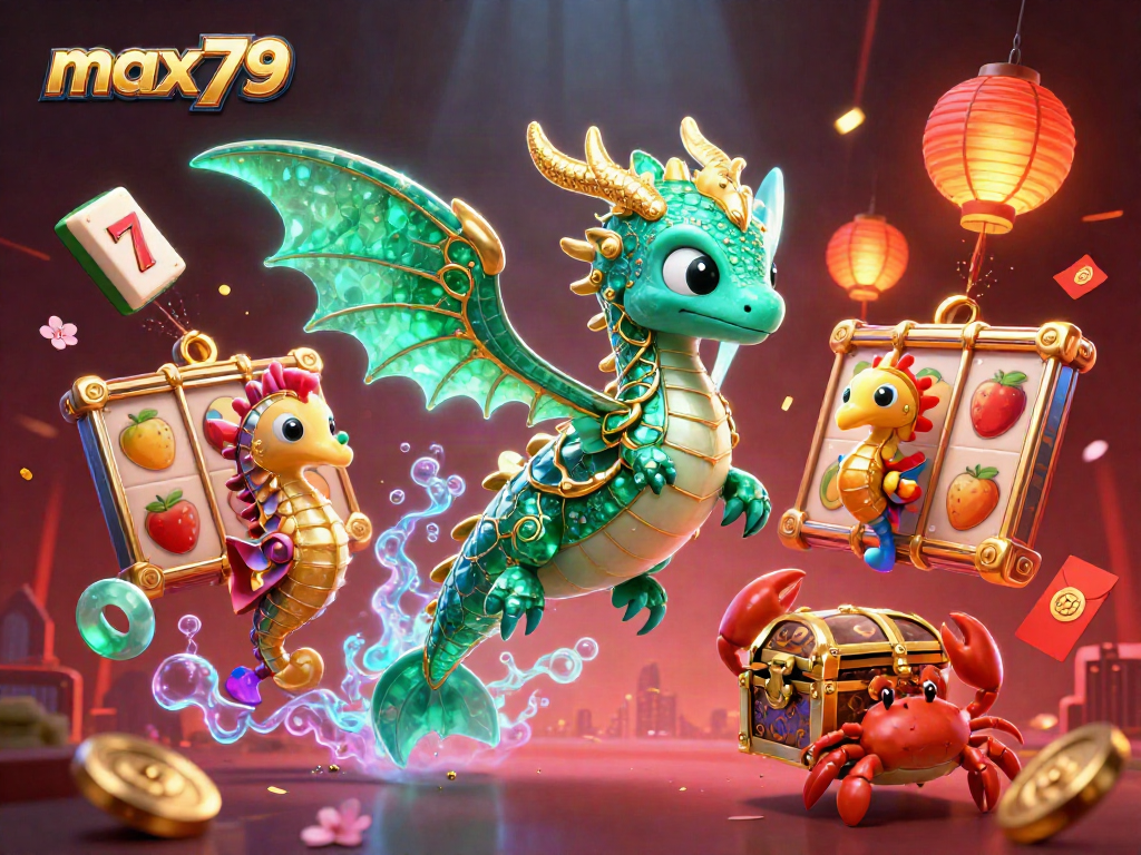 Experience exhilarating gameplay at max79 with a vibrant 3D casino illustration featuring slot reels and lively game elements.