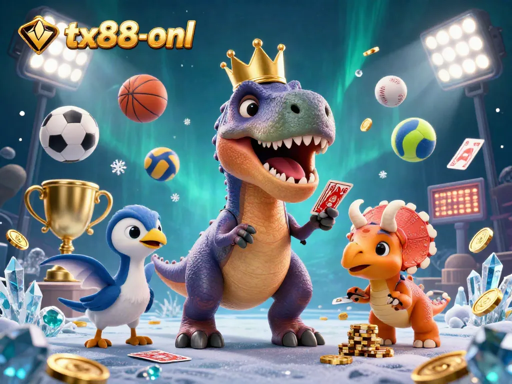 Engage with exciting betting action at tx88-onl, featuring dynamic T-Rex shuffling cards and friendly pterodactyl amid vibrant sports elements.