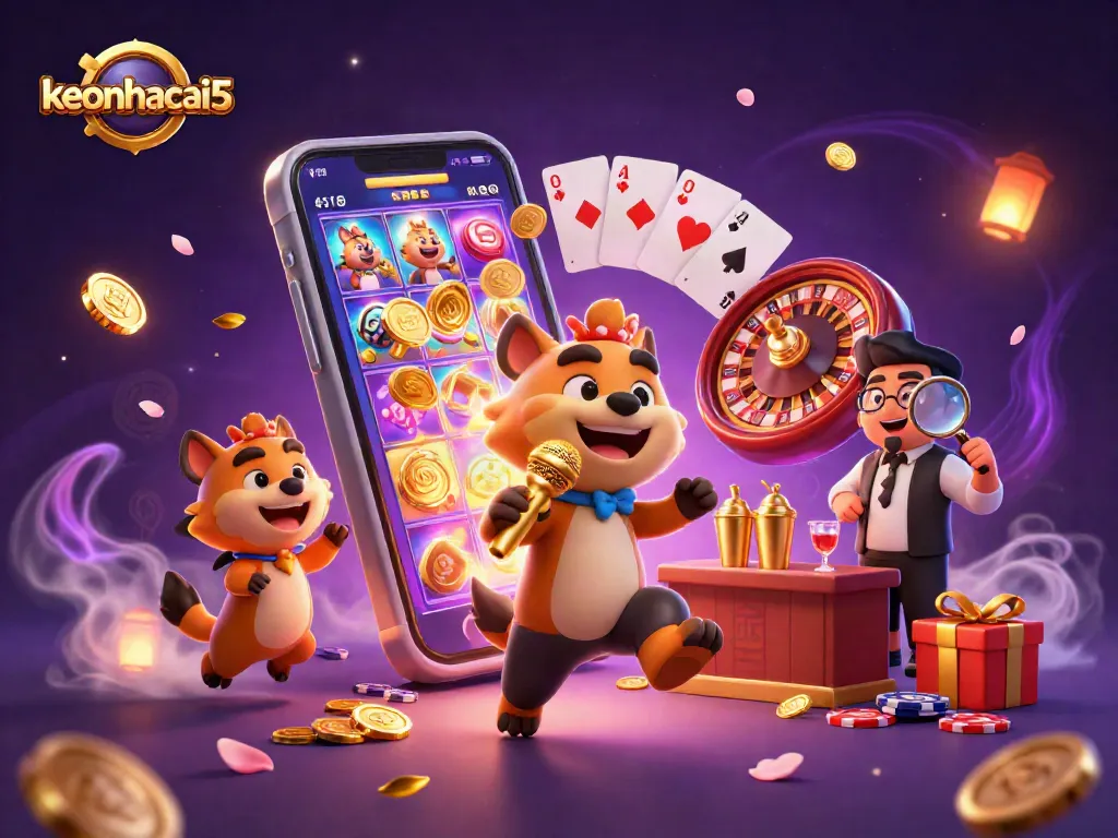 Engage with keonhacai5 in a vibrant casino scene, featuring hyenas entertaining guests and games.