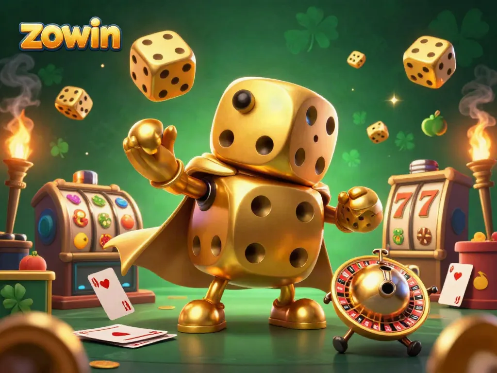Engage with the zowin gaming experience in this vibrant 3D casino illustration full of dynamic slots and golden elements.