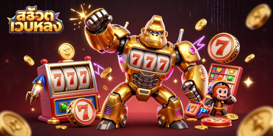 Experience thrilling jackpots with สล็อตเว็บตรง, featuring a golden gorilla mech amidst dynamic slot elements.