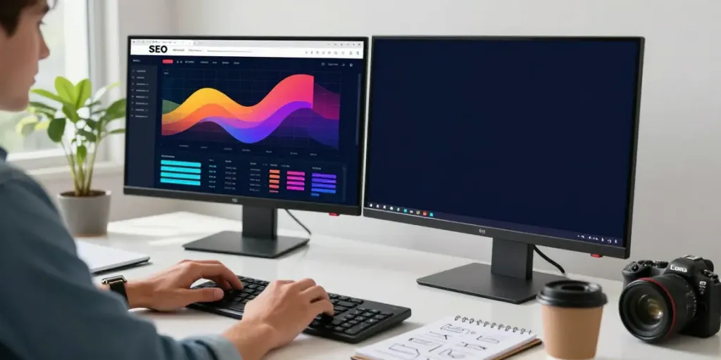 SEO specialist analyzing website data for instant indexing strategies in a modern office.