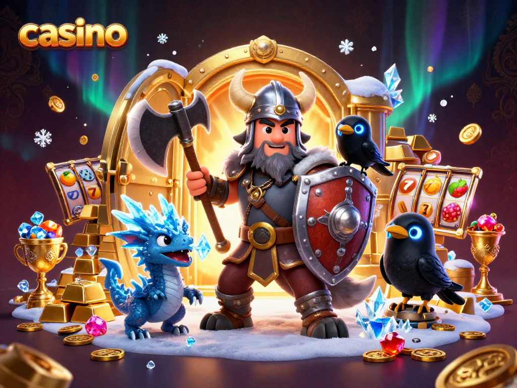 Viking wolf warrior at a casino surrounded by treasure and slot machine elements for thrilling gaming.