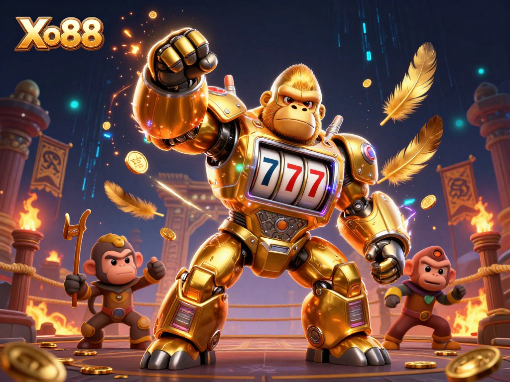 Xo88 showcases a dynamic scene with a golden gorilla mech and coins exploding, representing the thrill of online gaming.