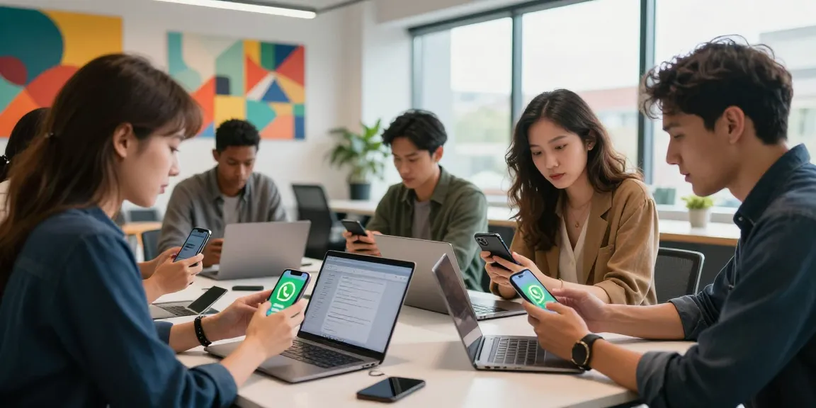 Professionals demonstrating WhatsApp下載 app features in a modern co-working space.