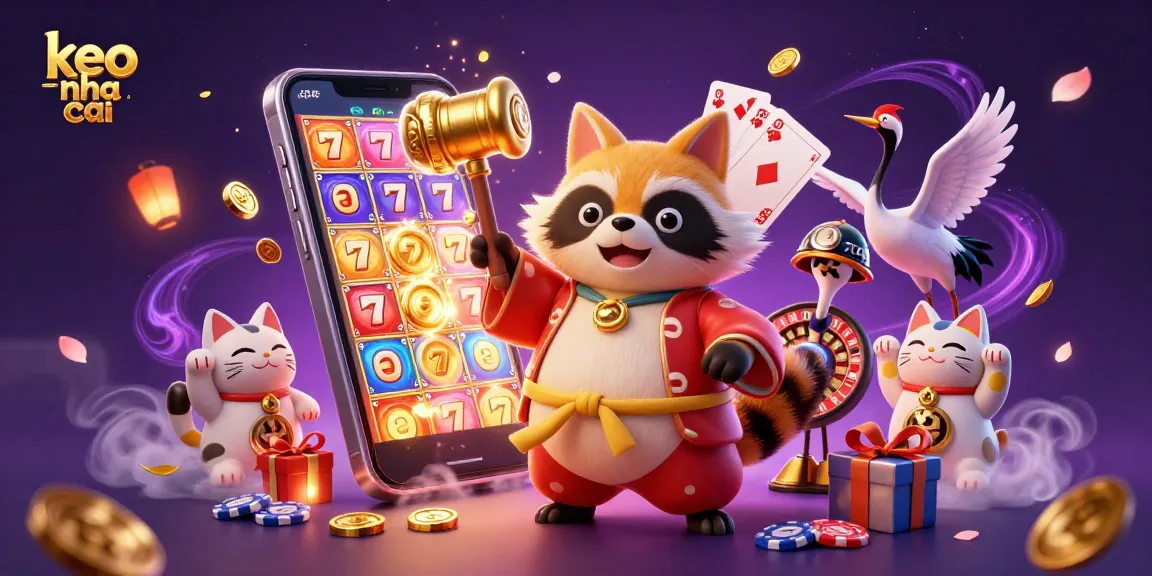 Engage with the keo nha cai experience through this vibrant 3D digital illustration showcasing a cheerful tanuki and gaming elements.