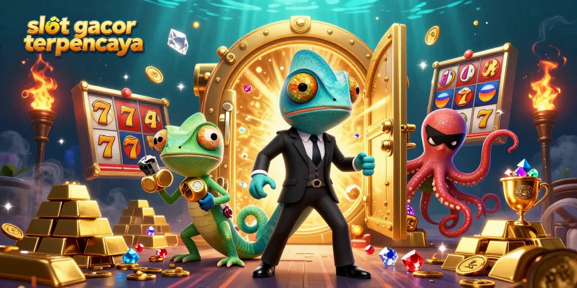 Experience dynamic slot gacor terpercaya action with vibrant chameleon and gecko characters amid dazzling casino treasures.