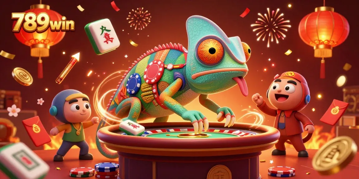 Engage with exciting gameplay at 789win, featuring a vibrant casino scene with a colorful chameleon owner.