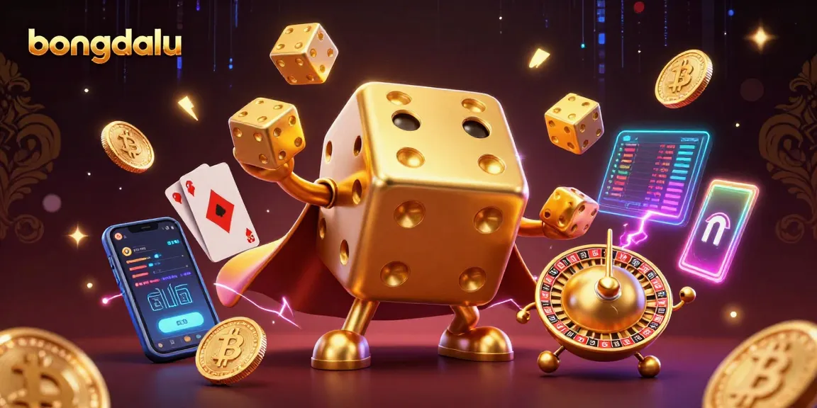 Engage in gaming excitement with bongdalu, showcasing vibrant dice and glimmering crypto elements.