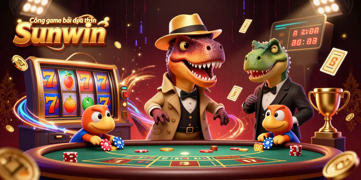 Cổng game bài đổi thưởng Sunwin reels spin as a velociraptor card counter navigates a vibrant casino scene.