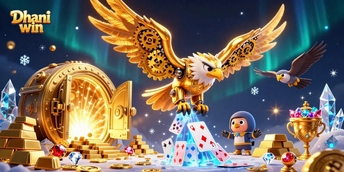 Dive into the excitement of Dhani win's offerings with this vibrant 3D illustration of a cybernetic eagle amidst games and treasures.