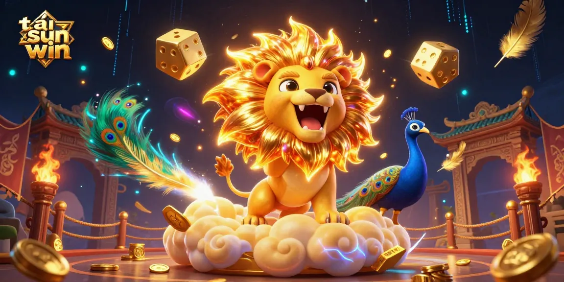 Experience the excitement of tải sun win with a fierce lion and golden dice in an immersive gaming environment.