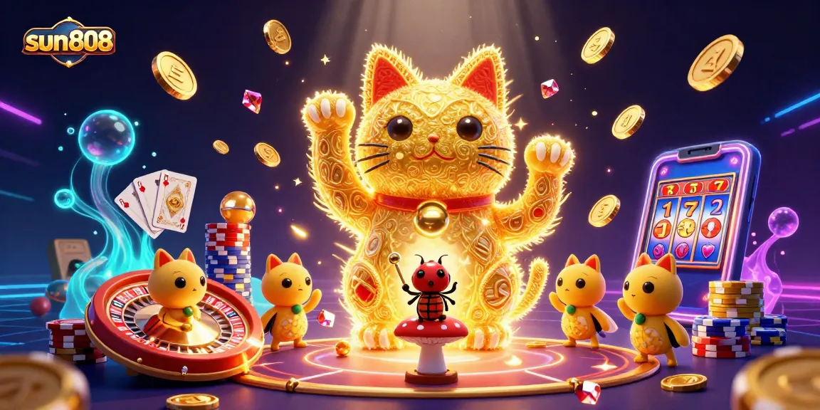 Engage with the dynamic world of sun808, showcasing a lucky cat and vibrant casino symbols in a colorful 3D scene.